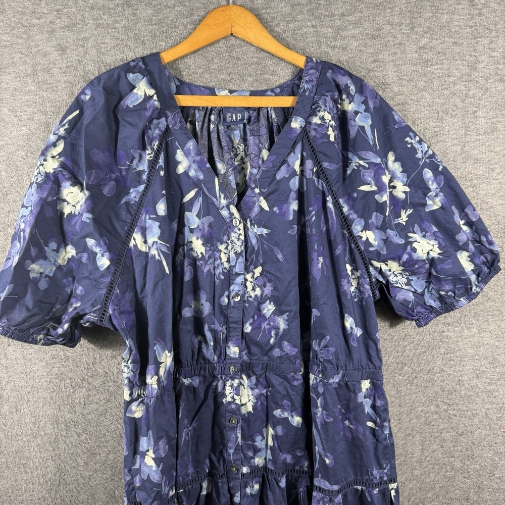 GAP Women's Navy Floral Puff Sleeve Button Up  Tiered Maxi Dress 💯 Cotton 2XL - Picture 3 of 9